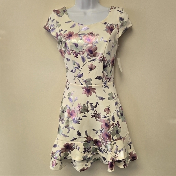 Midnight Doll fit and flare shiny Floral Ruffle Hem Dress Ivory Lilac XS - Picture 1 of 8